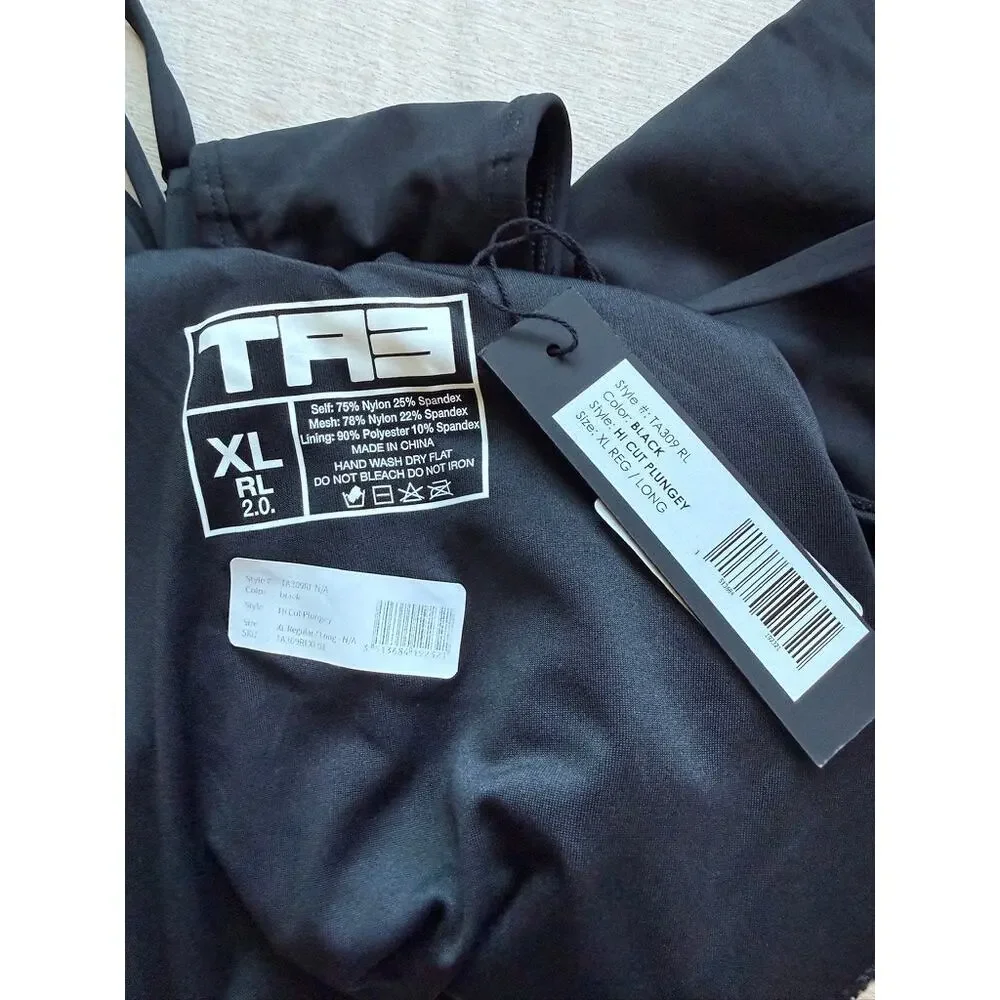 ta3 hi cut plungey one piece swim in black, women size x-large regular / tall